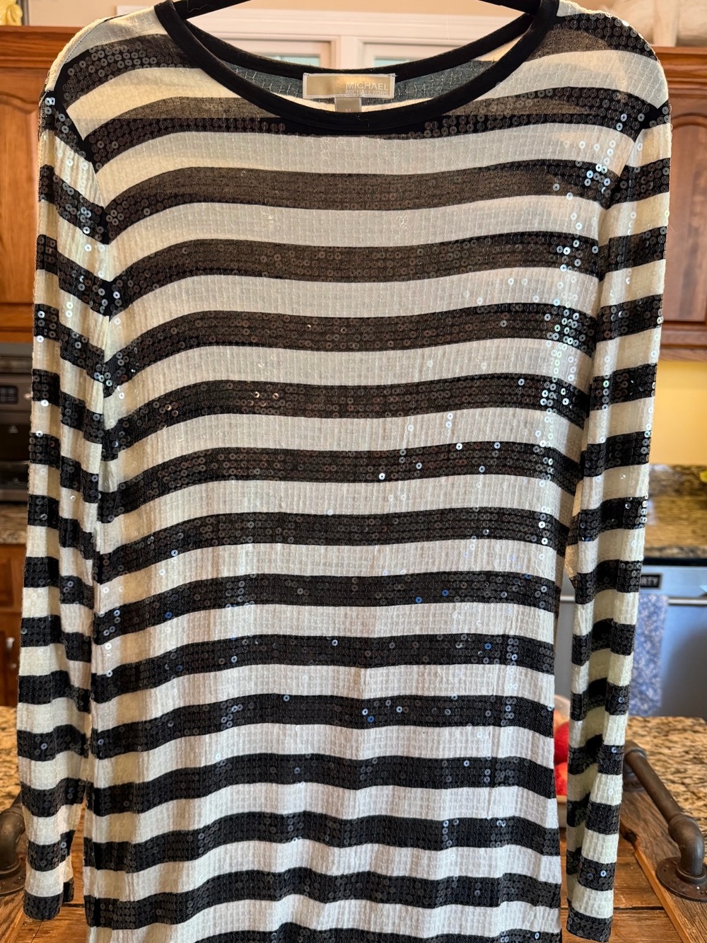 Michael Kors Black and White Sequin Striped Maxi Dress